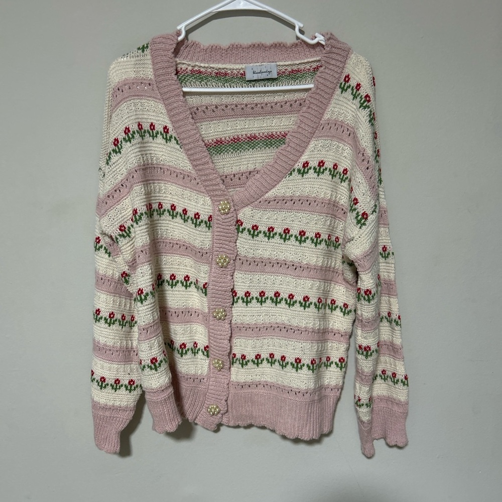 Vintage Inspired Pink Floral Knit Cardigan – Cottagecore Button Front Sweater